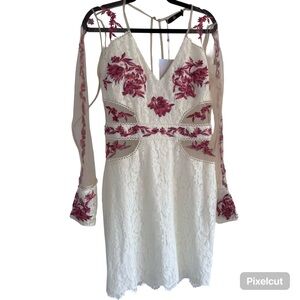 NWT MISSGUIDED Pink Floral Embroidered Nude Lace Mesh Plunge Bodycon Dress 10